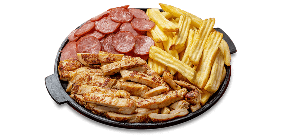 porção filé de frango, fritas e calabresa